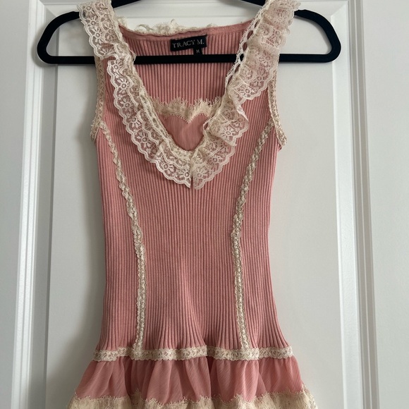 Tracy M Tops - Tracy M Pink and Cream Lace Tank Top